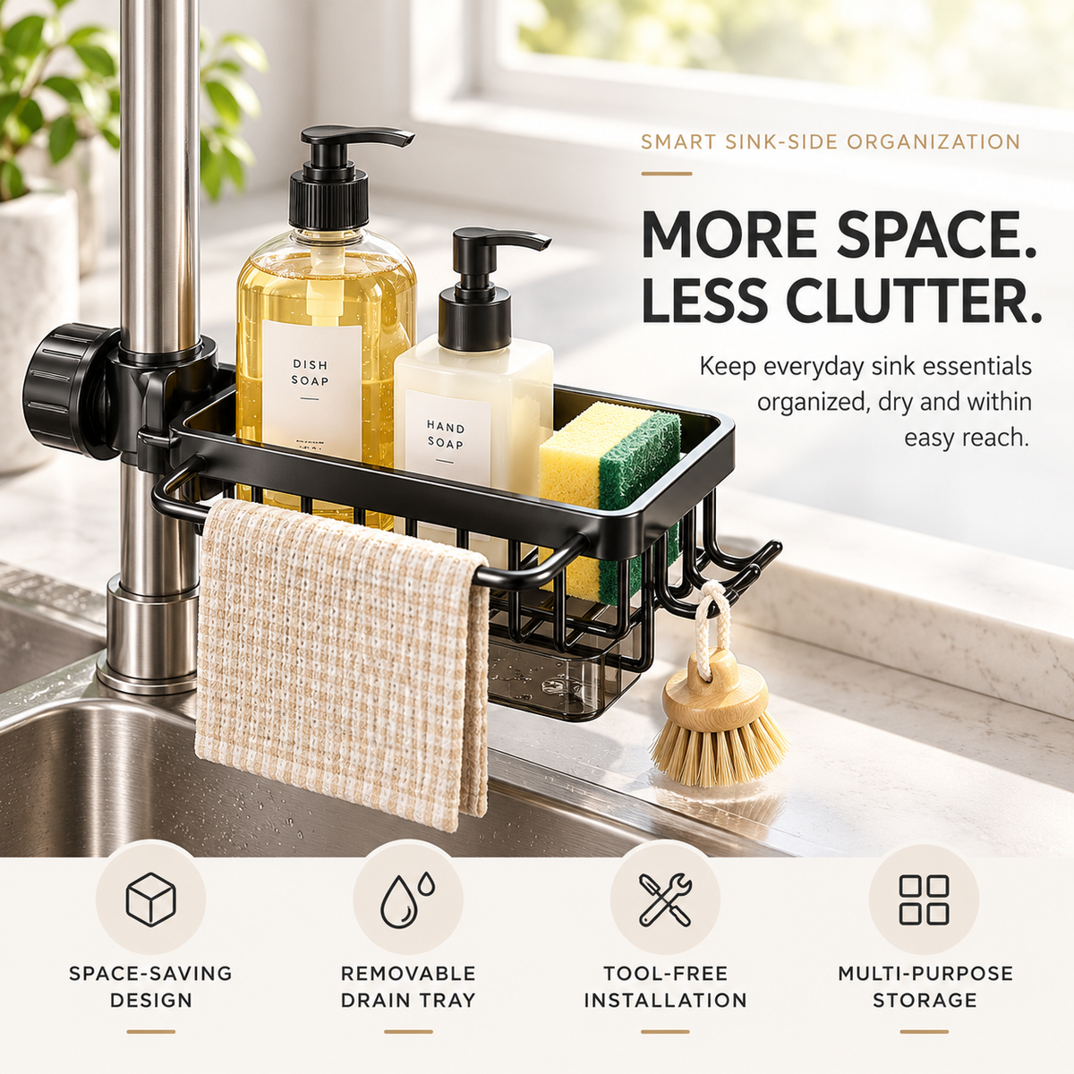 ✅ Over Faucet Sink Organizer Rack with Drain Tray – Stainless Steel Sponge Holder for Kitchen Sink