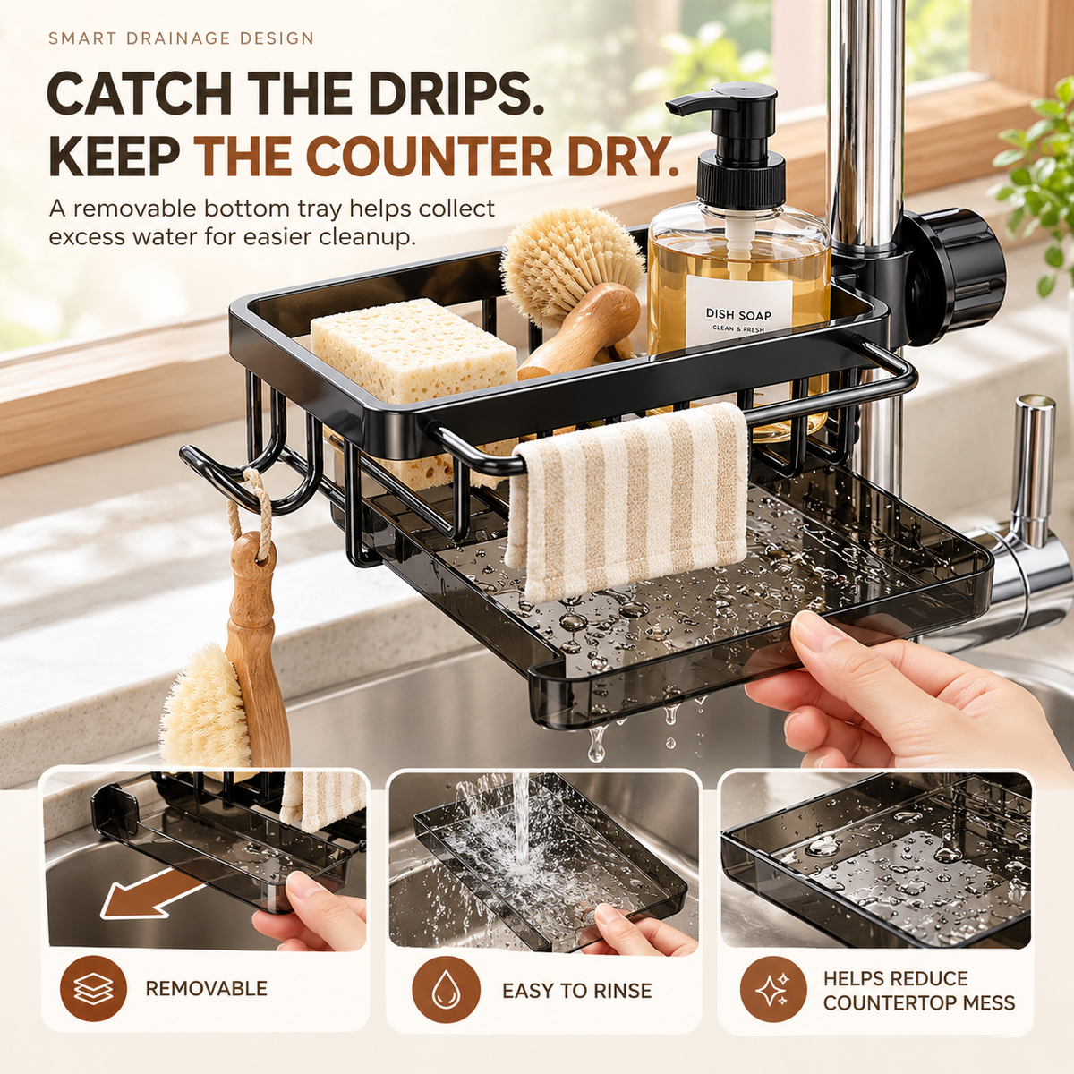✅ Over Faucet Sink Organizer Rack with Drain Tray – Stainless Steel Sponge Holder for Kitchen Sink